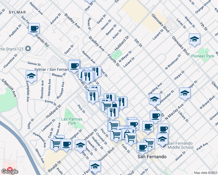map of restaurants, bars, coffee shops, grocery stores, and more near 1901 1st Street in San Fernando