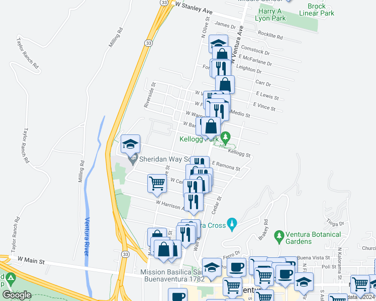 map of restaurants, bars, coffee shops, grocery stores, and more near 117 West Ramona Street in Ventura