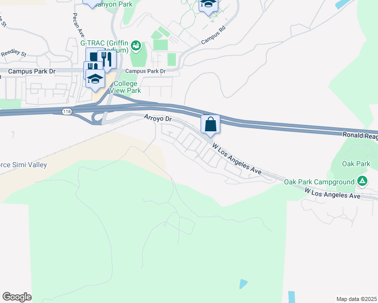 map of restaurants, bars, coffee shops, grocery stores, and more near 15750 Arroyo Drive in Moorpark