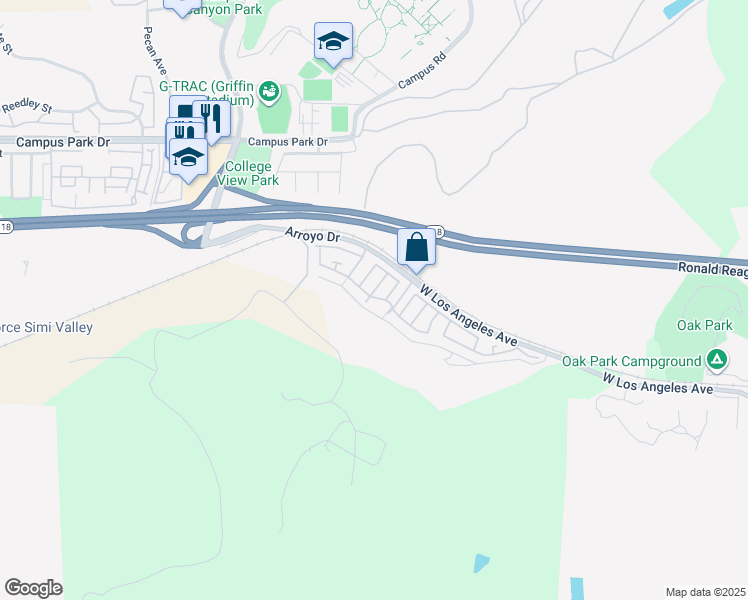 map of restaurants, bars, coffee shops, grocery stores, and more near 15750 Arroyo Drive in Moorpark