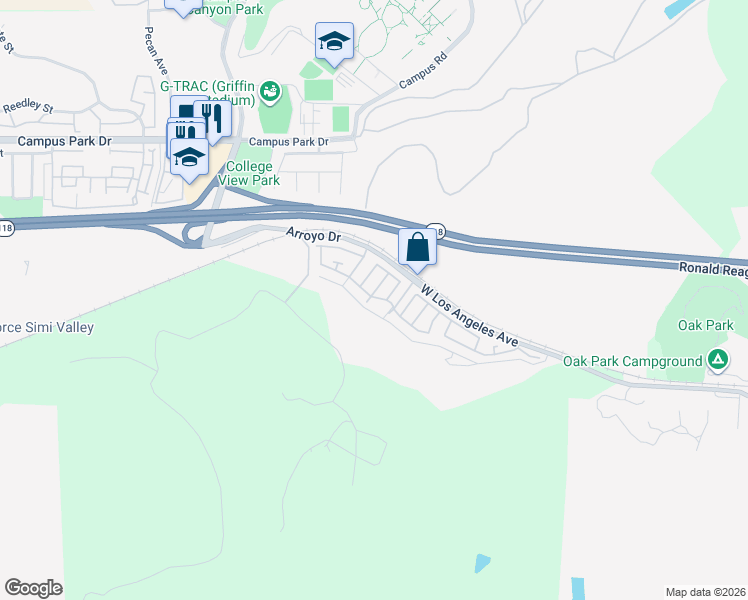 map of restaurants, bars, coffee shops, grocery stores, and more near 15750 Arroyo Drive in Moorpark