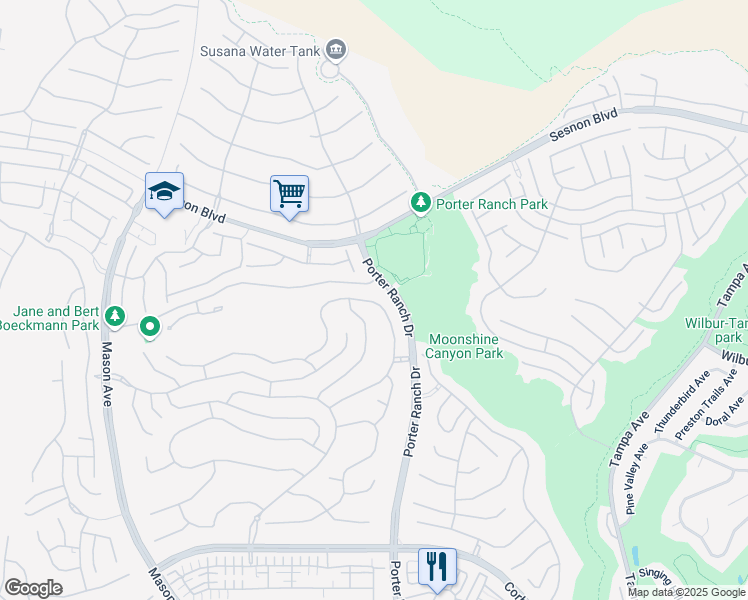 map of restaurants, bars, coffee shops, grocery stores, and more near 12120 Porter Ranch Drive in Los Angeles