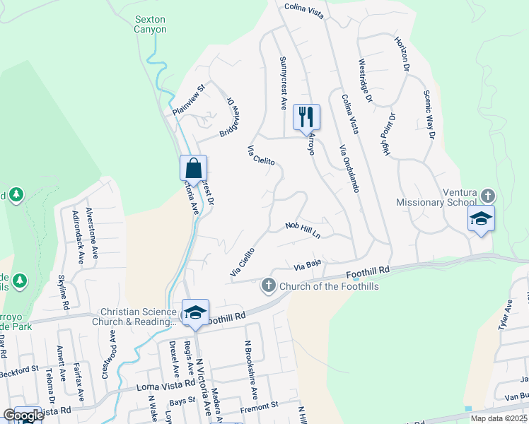 map of restaurants, bars, coffee shops, grocery stores, and more near 697 Via Cielito in Ventura