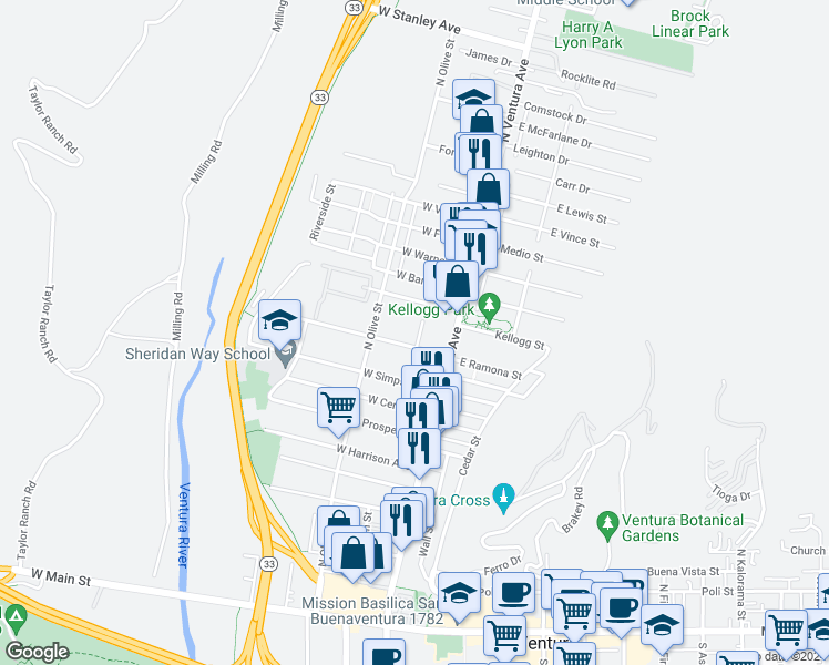 map of restaurants, bars, coffee shops, grocery stores, and more near 73 West Ramona Street in Ventura