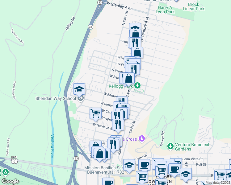 map of restaurants, bars, coffee shops, grocery stores, and more near 113 West Ramona Street in Ventura