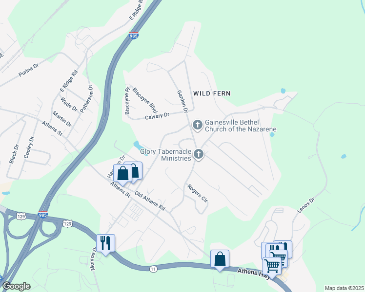 map of restaurants, bars, coffee shops, grocery stores, and more near 1707 Belair Circle in Gainesville