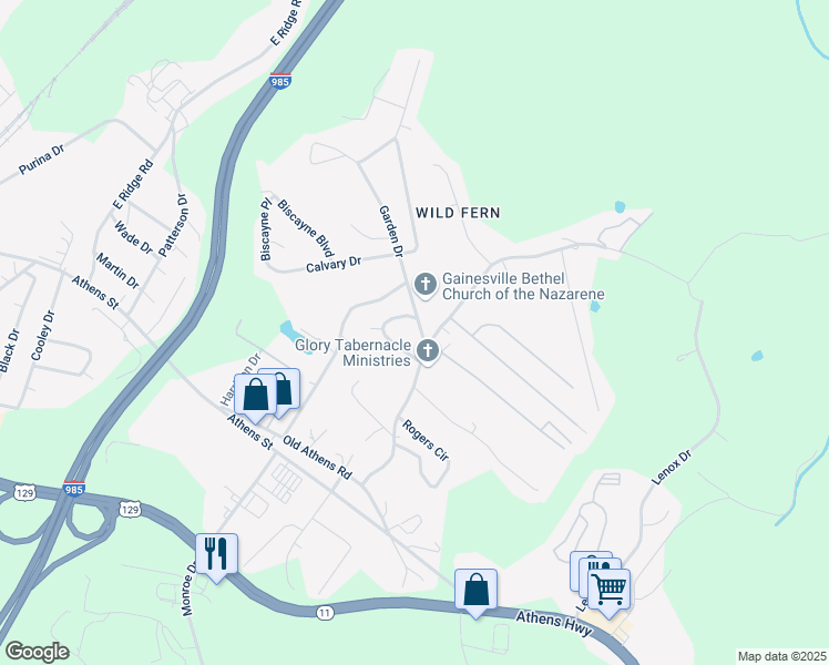map of restaurants, bars, coffee shops, grocery stores, and more near 1903 Garden Drive in Gainesville