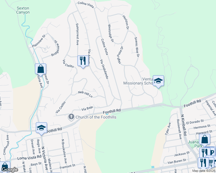 map of restaurants, bars, coffee shops, grocery stores, and more near 691 Via Ondulando in Ventura