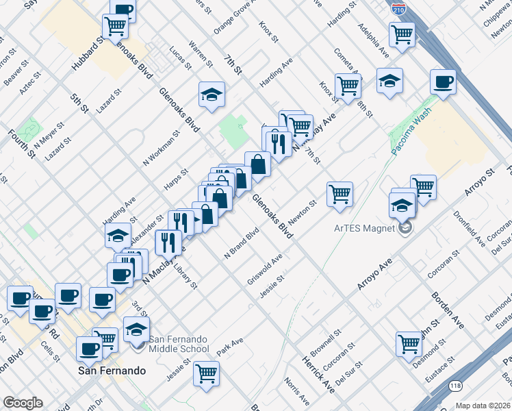 map of restaurants, bars, coffee shops, grocery stores, and more near 1000 Glenoaks Boulevard in San Fernando