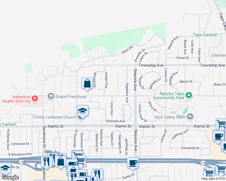map of restaurants, bars, coffee shops, grocery stores, and more near 3309 Avenida Simi in Simi Valley