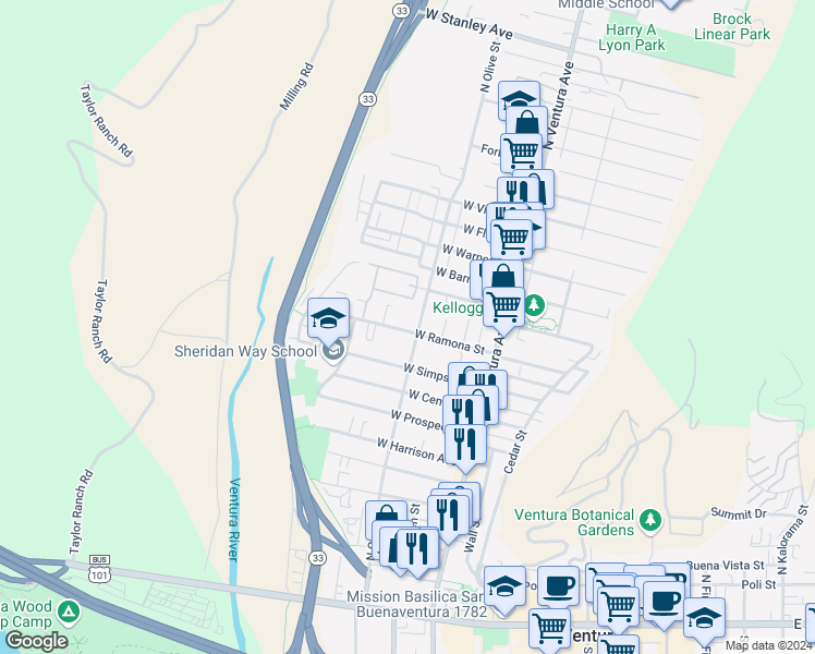 map of restaurants, bars, coffee shops, grocery stores, and more near 223 West Ramona Street in Ventura