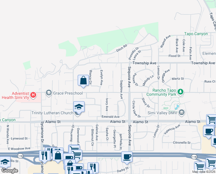 map of restaurants, bars, coffee shops, grocery stores, and more near 3309 Avenida Simi in Simi Valley