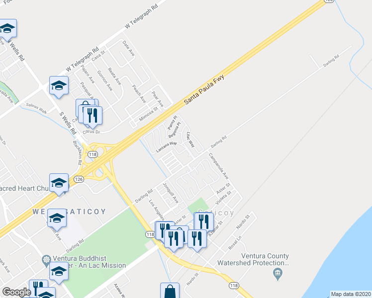 map of restaurants, bars, coffee shops, grocery stores, and more near 214 Tulip Court in Ventura