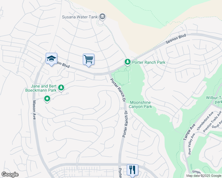 map of restaurants, bars, coffee shops, grocery stores, and more near 12120 Porter Ranch Drive in Los Angeles