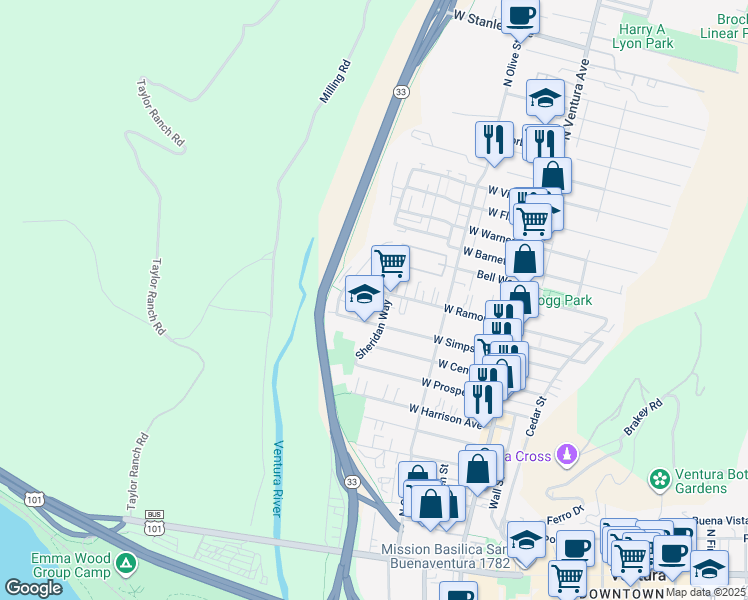 map of restaurants, bars, coffee shops, grocery stores, and more near 640 Sheridan Way in Ventura
