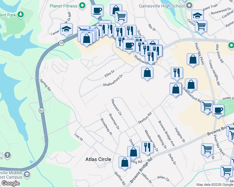 map of restaurants, bars, coffee shops, grocery stores, and more near 1859 Pleasant Circle in Gainesville