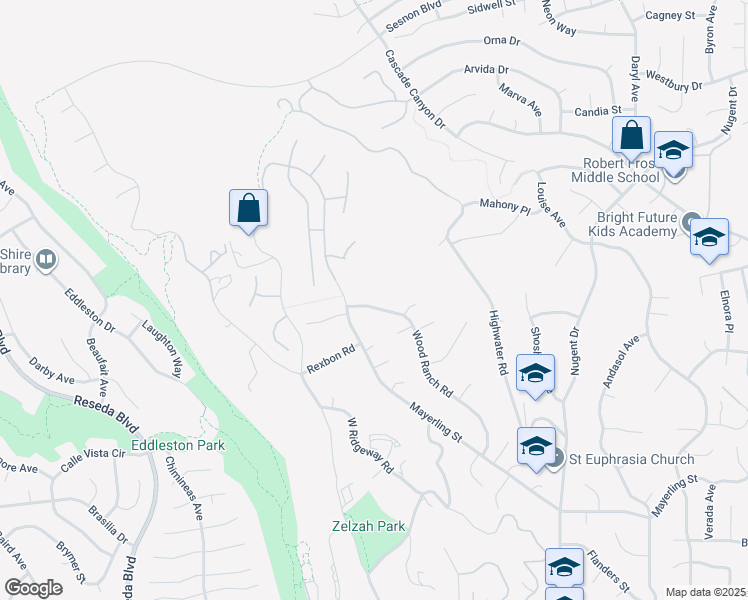 map of restaurants, bars, coffee shops, grocery stores, and more near 12048 Wood Ranch Road in Los Angeles