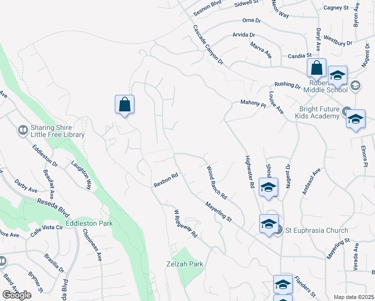 map of restaurants, bars, coffee shops, grocery stores, and more near 12048 Wood Ranch Road in Los Angeles