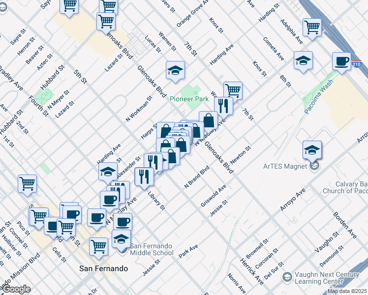 map of restaurants, bars, coffee shops, grocery stores, and more near 665 North Maclay Avenue in San Fernando