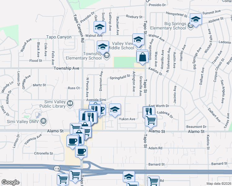 map of restaurants, bars, coffee shops, grocery stores, and more near 3024 Cicero Court in Simi Valley