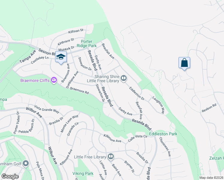 map of restaurants, bars, coffee shops, grocery stores, and more near 11958 Darby Avenue in Los Angeles