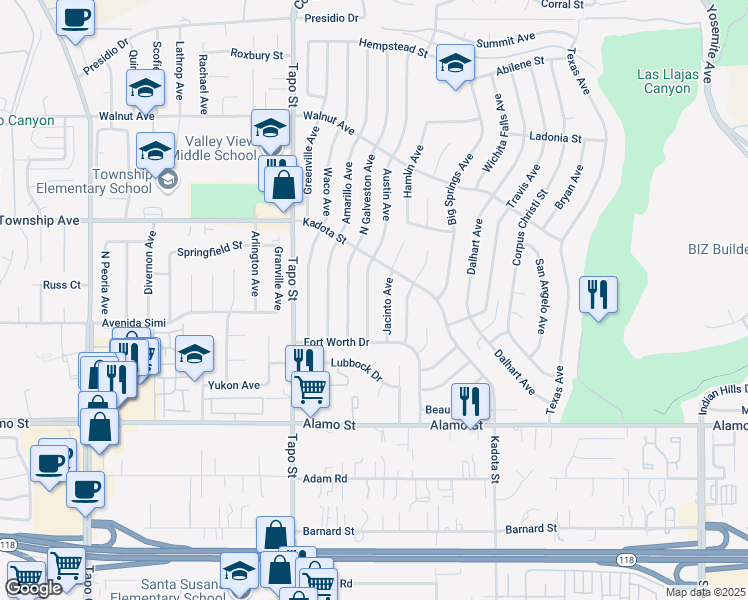 map of restaurants, bars, coffee shops, grocery stores, and more near 3058 Austin Avenue in Simi Valley