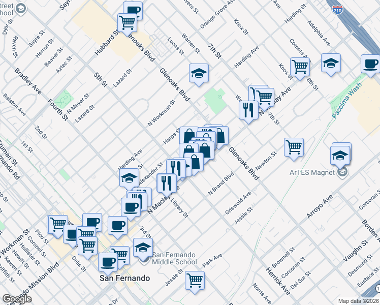 map of restaurants, bars, coffee shops, grocery stores, and more near 643 North Hagar Street in San Fernando