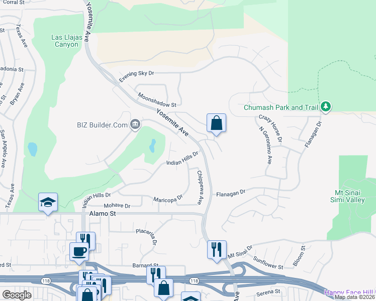 map of restaurants, bars, coffee shops, grocery stores, and more near 5583 Indian Hills Drive in Simi Valley