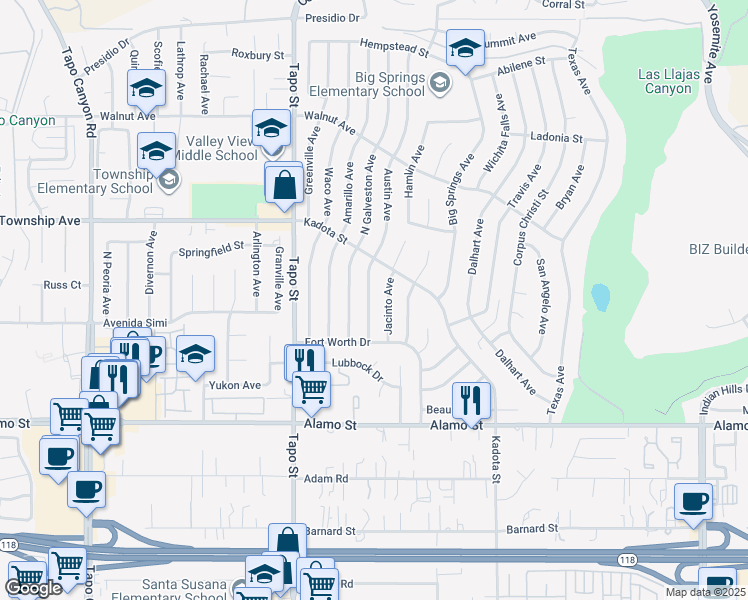 map of restaurants, bars, coffee shops, grocery stores, and more near 3058 Austin Avenue in Simi Valley