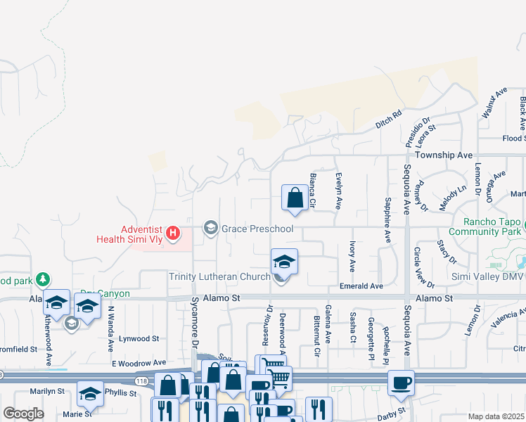 map of restaurants, bars, coffee shops, grocery stores, and more near 3049 Reservoir Drive in Simi Valley