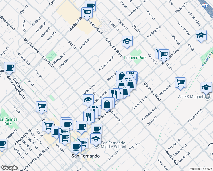 map of restaurants, bars, coffee shops, grocery stores, and more near 556 Harps Street in San Fernando