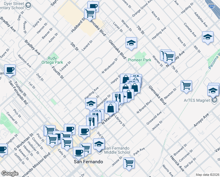 map of restaurants, bars, coffee shops, grocery stores, and more near 556 Harps Street in San Fernando
