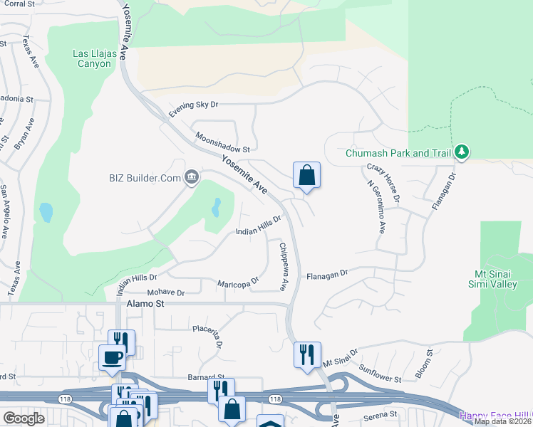 map of restaurants, bars, coffee shops, grocery stores, and more near 5583 Indian Hills Drive in Simi Valley
