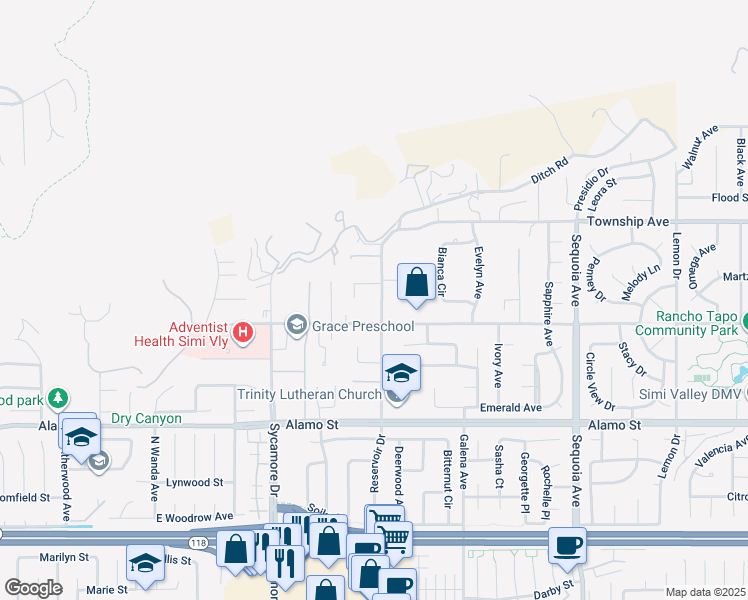 map of restaurants, bars, coffee shops, grocery stores, and more near 3049 Reservoir Drive in Simi Valley