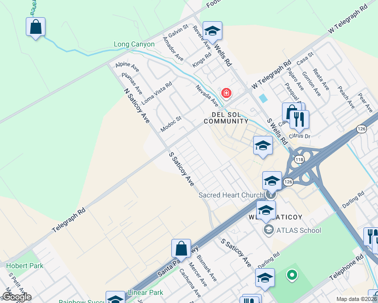 map of restaurants, bars, coffee shops, grocery stores, and more near 10522 Santa Monica Street in Ventura