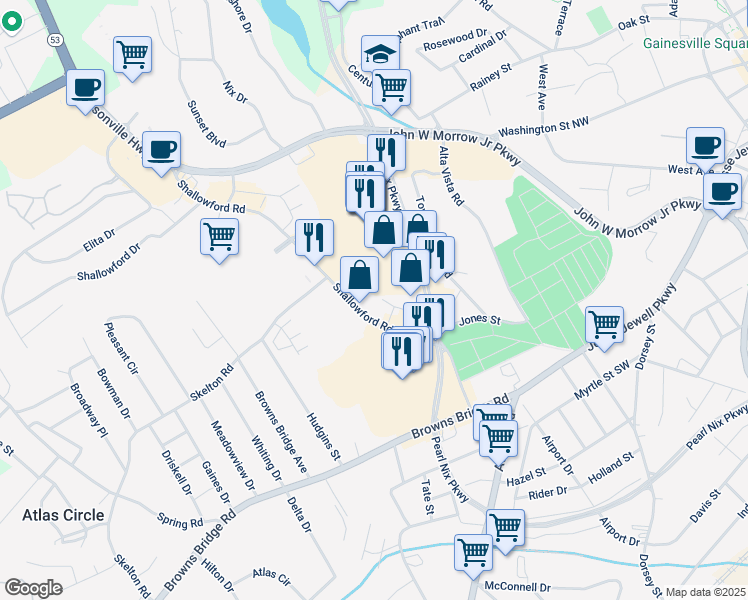map of restaurants, bars, coffee shops, grocery stores, and more near 10 Jones Street in Gainesville