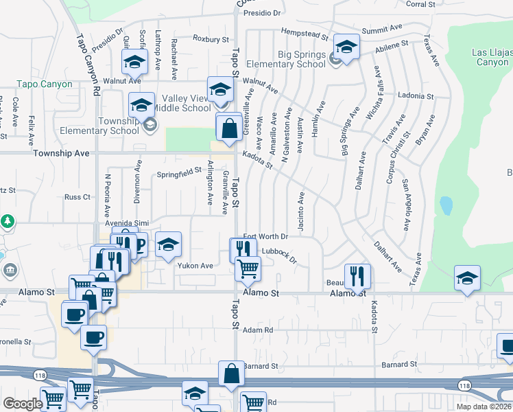 map of restaurants, bars, coffee shops, grocery stores, and more near 3092 Amarillo Avenue in Simi Valley