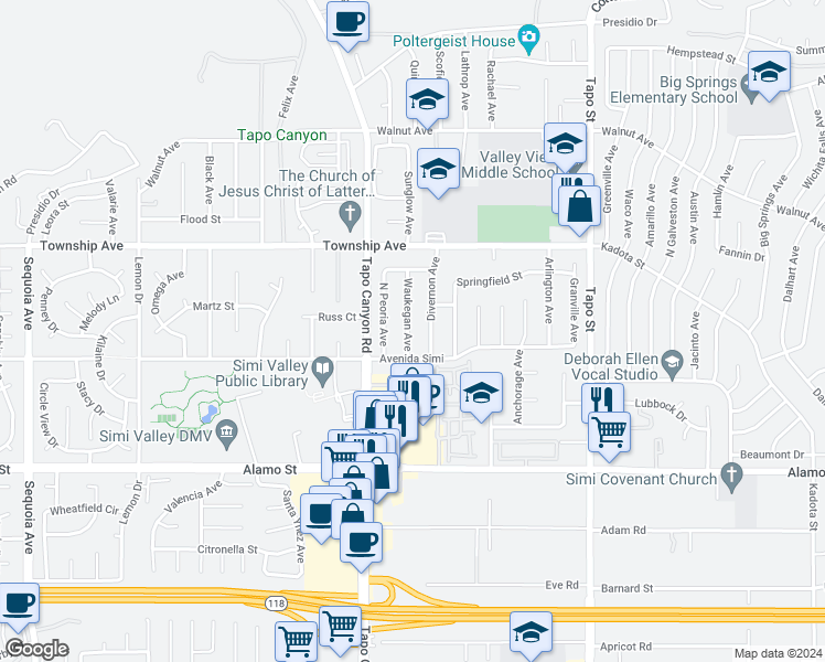 map of restaurants, bars, coffee shops, grocery stores, and more near 3056 Waukegan Avenue in Simi Valley