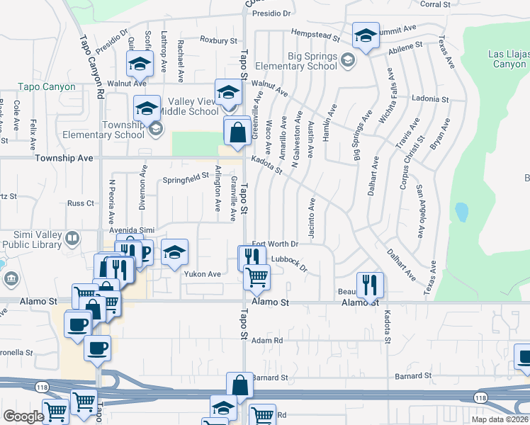 map of restaurants, bars, coffee shops, grocery stores, and more near 3055 Amarillo Avenue in Simi Valley