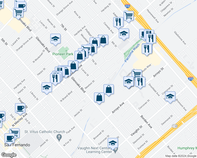 map of restaurants, bars, coffee shops, grocery stores, and more near 906 Newton Street in San Fernando