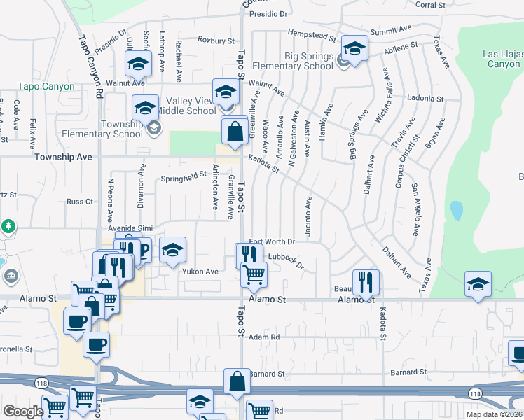 map of restaurants, bars, coffee shops, grocery stores, and more near 3092 Amarillo Avenue in Simi Valley