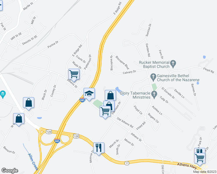 map of restaurants, bars, coffee shops, grocery stores, and more near 1368 Harrison Drive in Gainesville