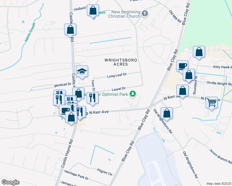 map of restaurants, bars, coffee shops, grocery stores, and more near 124 Laurel Drive in Wilmington