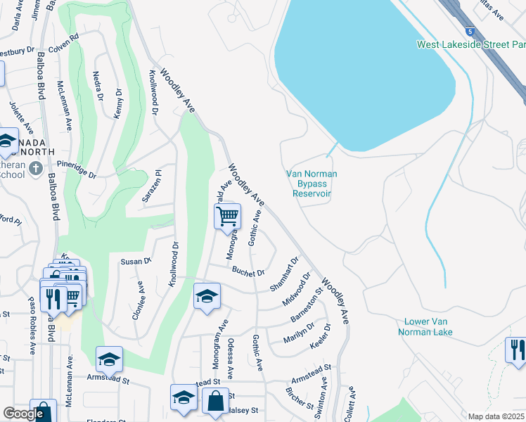 map of restaurants, bars, coffee shops, grocery stores, and more near 12215 Woodley Avenue in Los Angeles