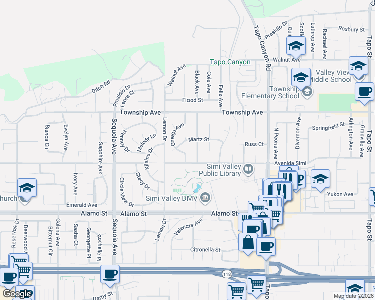 map of restaurants, bars, coffee shops, grocery stores, and more near 3042 Omega Avenue in Simi Valley