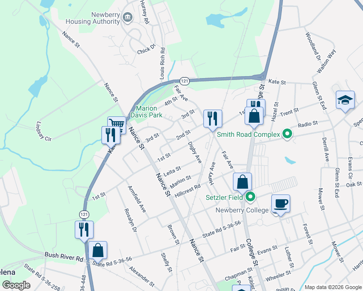map of restaurants, bars, coffee shops, grocery stores, and more near 1310 2nd Street in Newberry