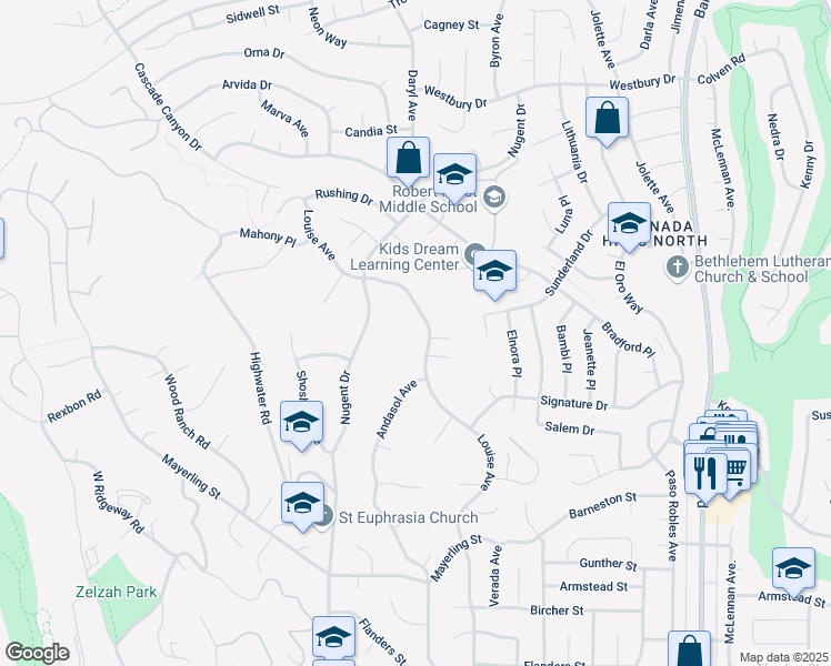 map of restaurants, bars, coffee shops, grocery stores, and more near 12113 Louise Avenue in Los Angeles
