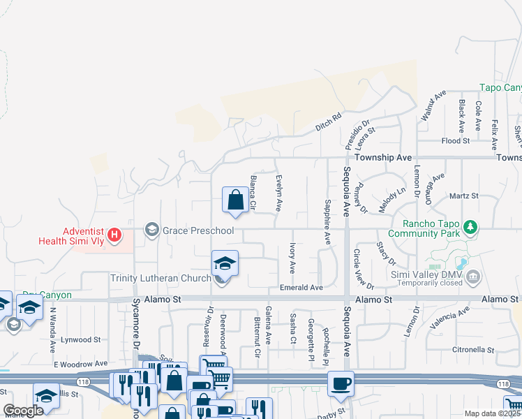 map of restaurants, bars, coffee shops, grocery stores, and more near 3060 Bianca Circle in Simi Valley