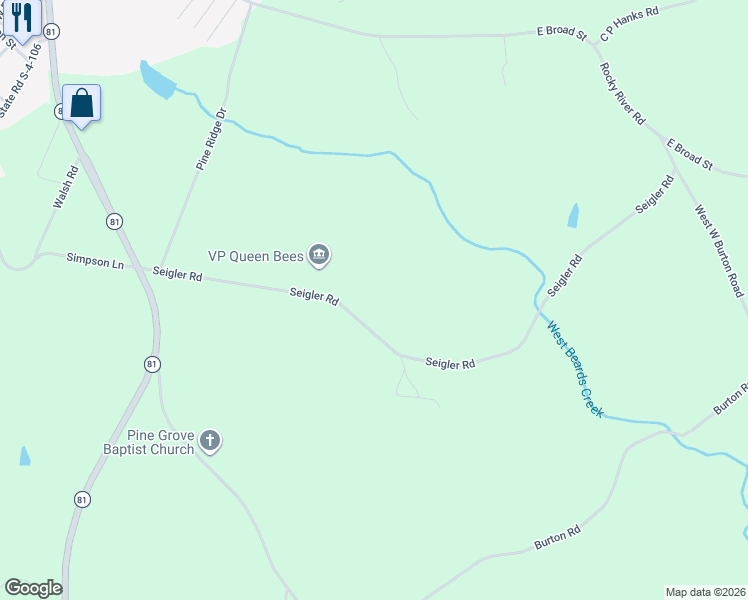 map of restaurants, bars, coffee shops, grocery stores, and more near 441 Seigler Road in Iva