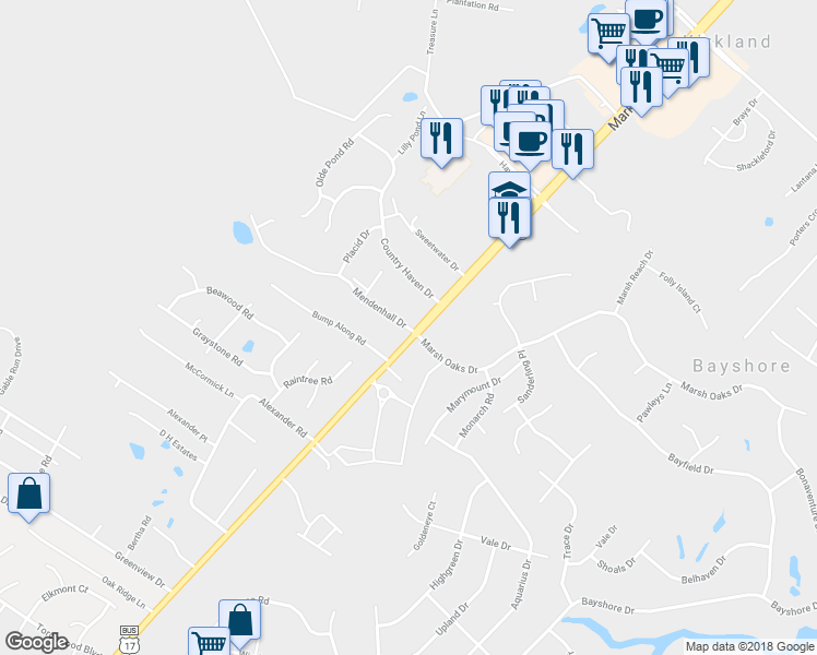 map of restaurants, bars, coffee shops, grocery stores, and more near 118 Mendenhall Drive in Wilmington